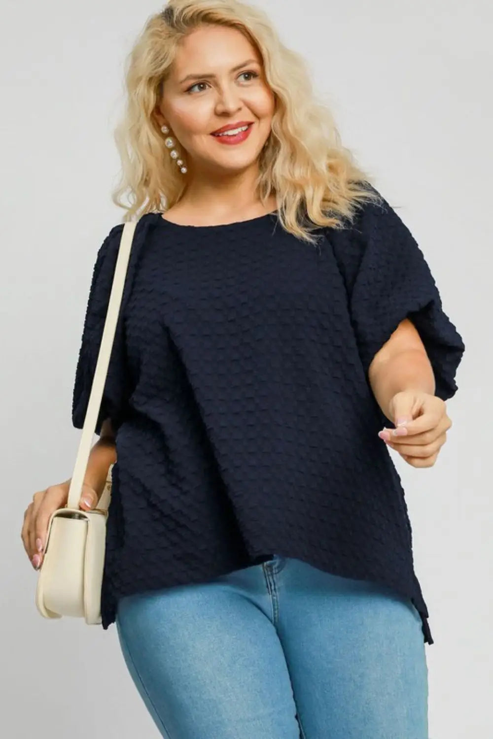 Umgee Full Size Boxy Cut Jacquard Round Neck Top with Side Slit Plus Size - Eclectage
