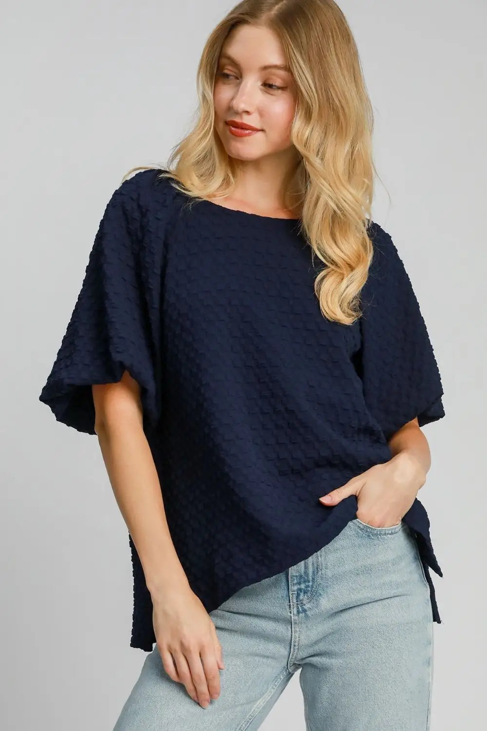 Umgee Full Size Boxy Cut Jacquard Round Neck Top with Side Slit Plus Size - Eclectage