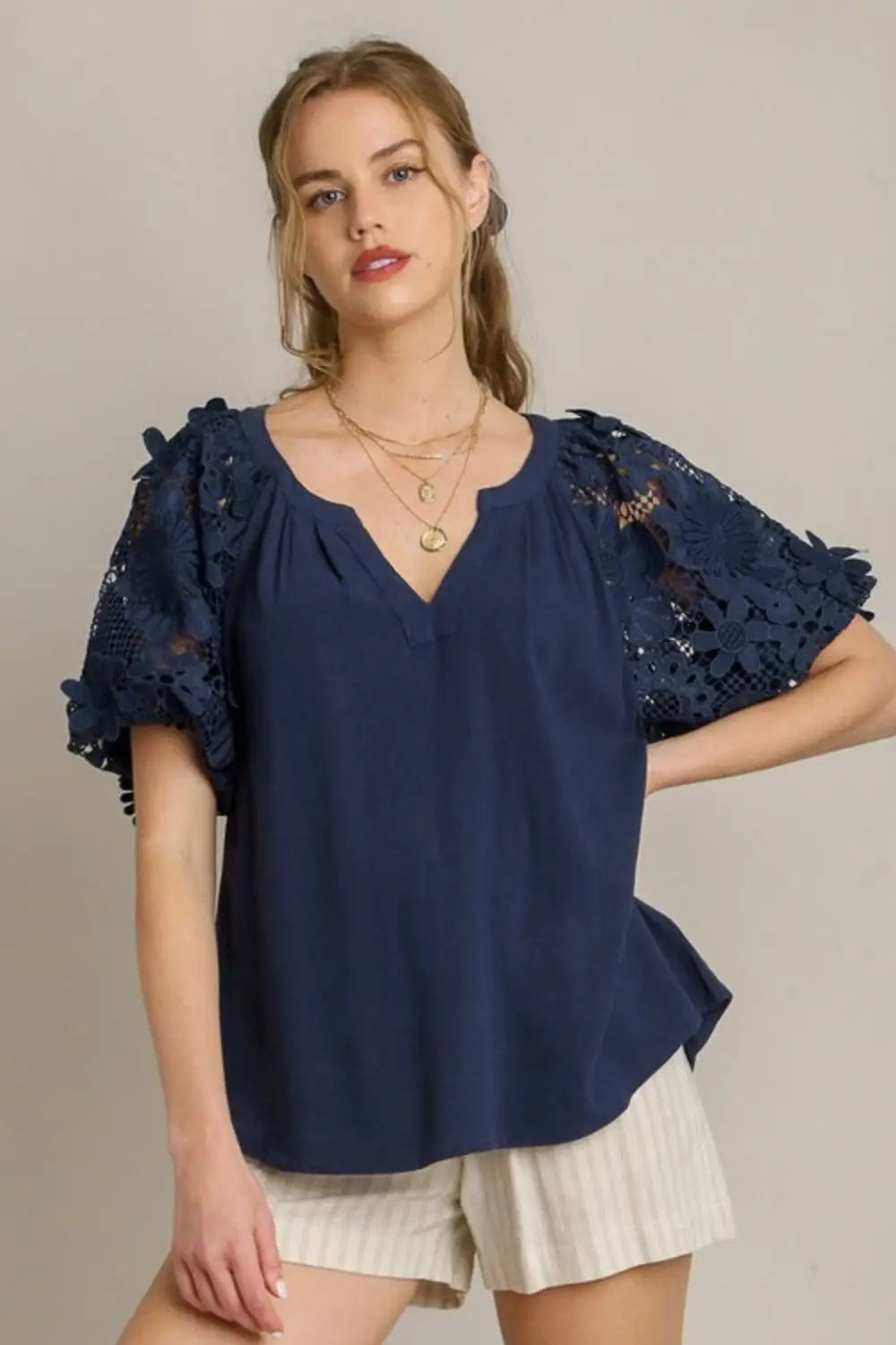Umgee Full Size French Terry Boxy Cut Top with 3D Floral Sleeve Plus Size - Eclectage