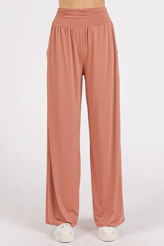 Mittoshop Stretch Banded Waist Wide Leg Pants with Pockets - Eclectage
