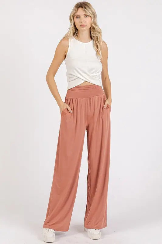 Mittoshop Stretch Banded Waist Wide Leg Pants with Pockets - Eclectage