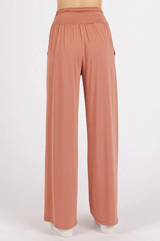 Mittoshop Stretch Banded Waist Wide Leg Pants with Pockets - Eclectage