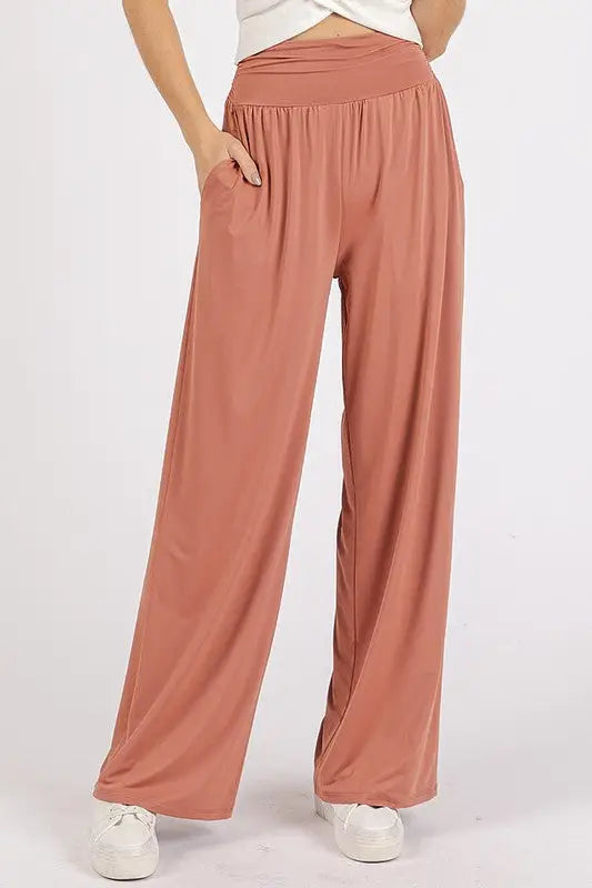 Mittoshop Stretch Banded Waist Wide Leg Pants with Pockets - Eclectage