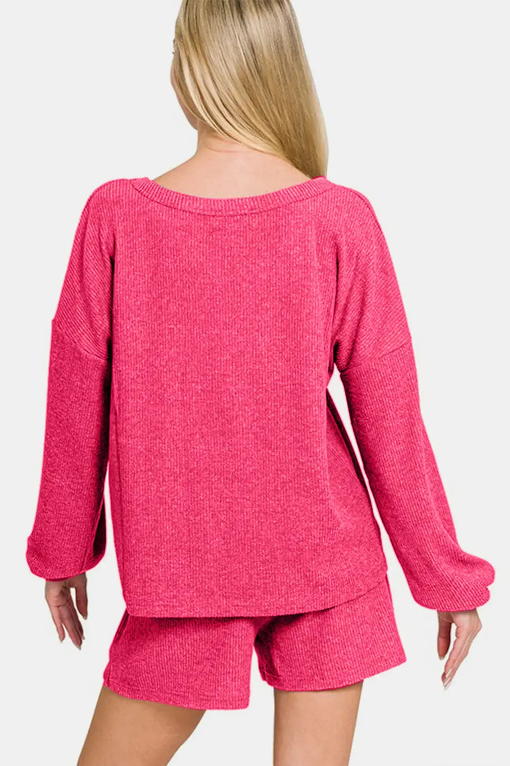 V-Neck Long Sleeve Ribbed Top and Shorts Set - Eclectage