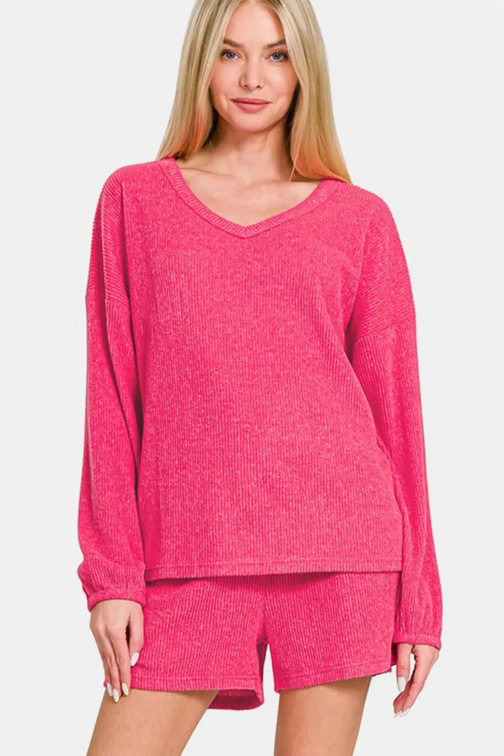 V-Neck Long Sleeve Ribbed Top and Shorts Set - Eclectage