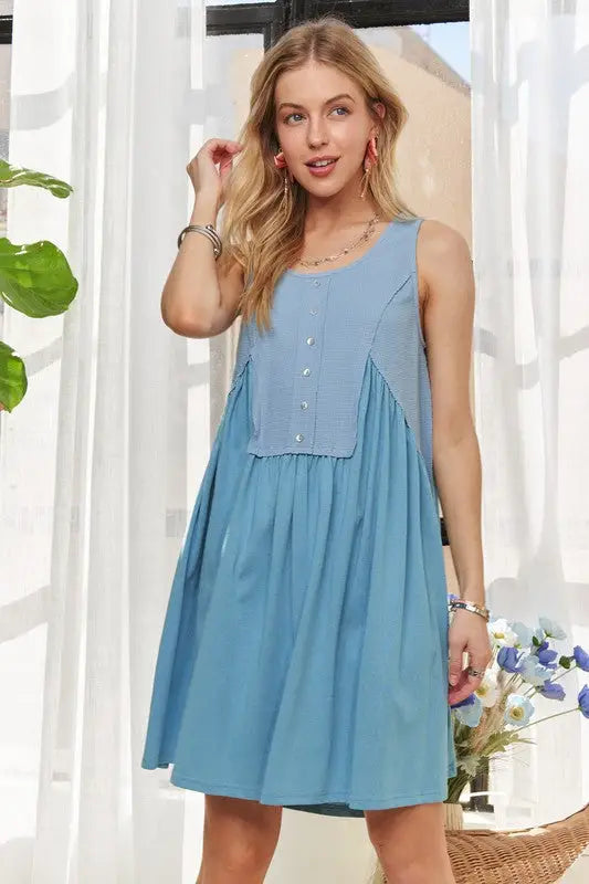 Decorative Button Sleeveless Babydoll Dress - Eclectage