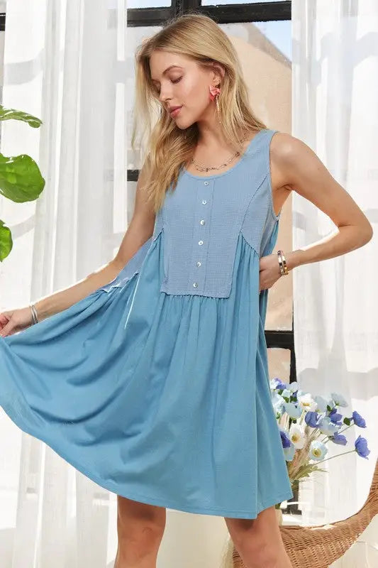 Decorative Button Sleeveless Babydoll Dress - Eclectage