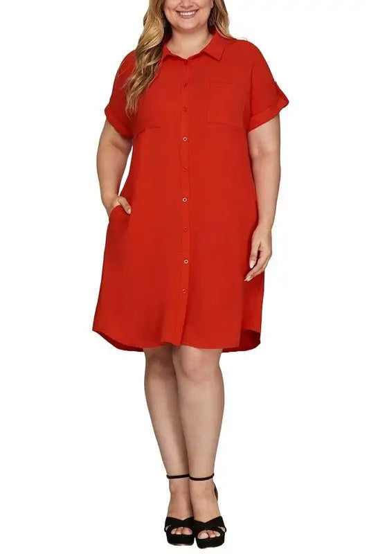 Deep Red Button Down Shirt Dress