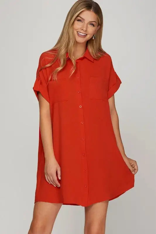 Deep Red Button Down Shirt Dress
