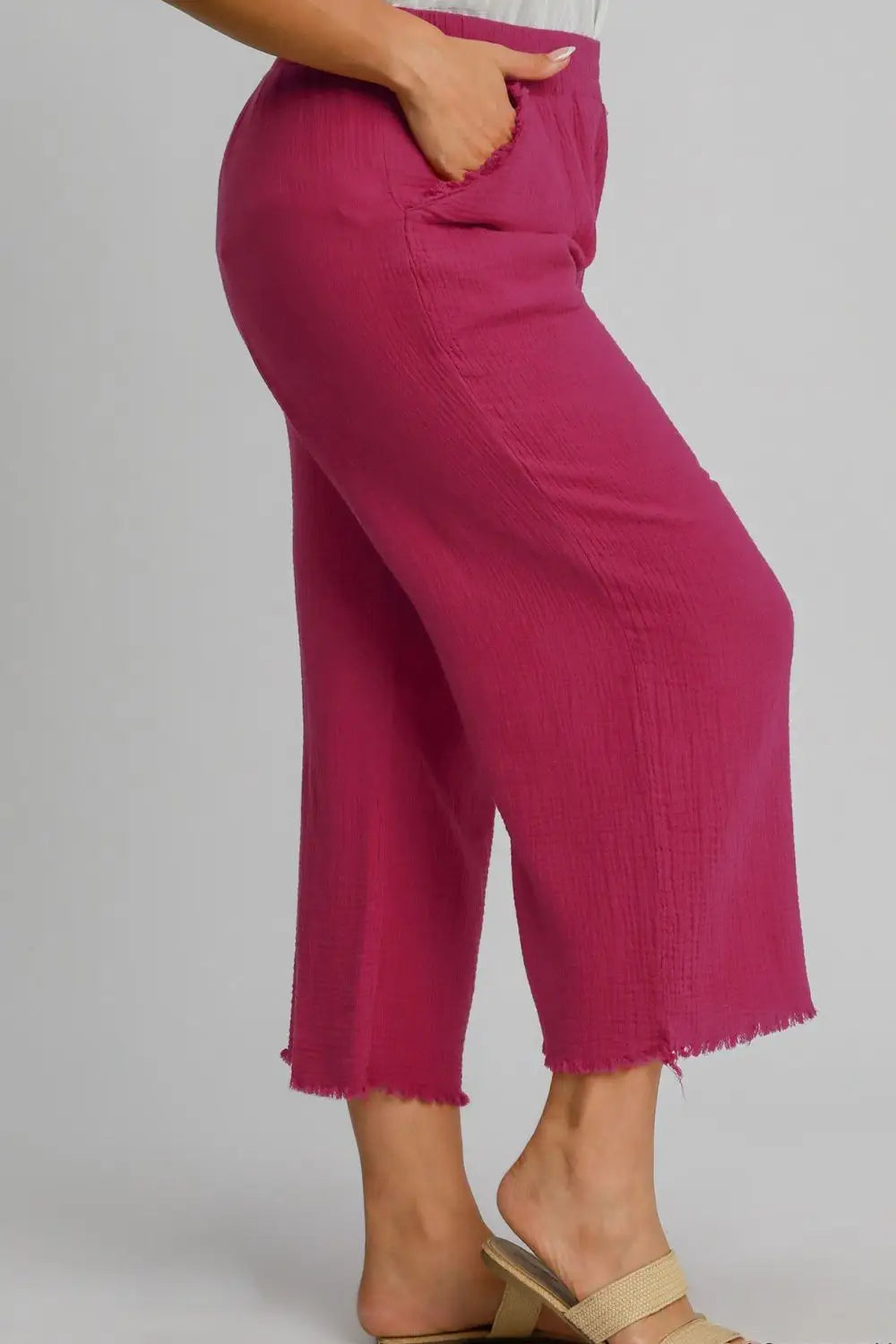 Deep Rose Raw Hem Wide Leg Pants