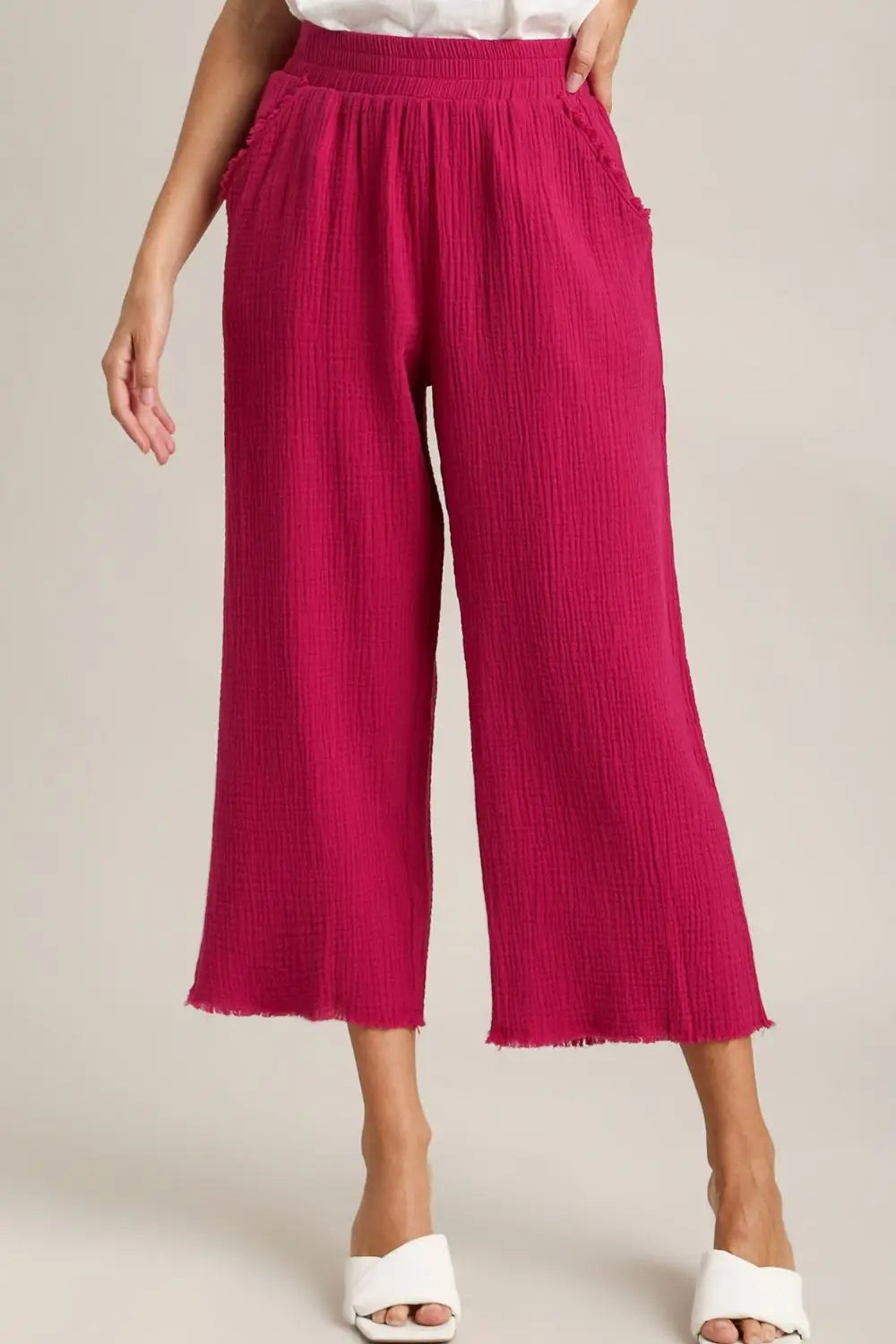 Deep Rose Raw Hem Wide Leg Pants