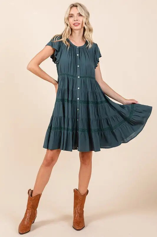 Deep Teal Lace Detail Tiered Dress - Mini Dresses