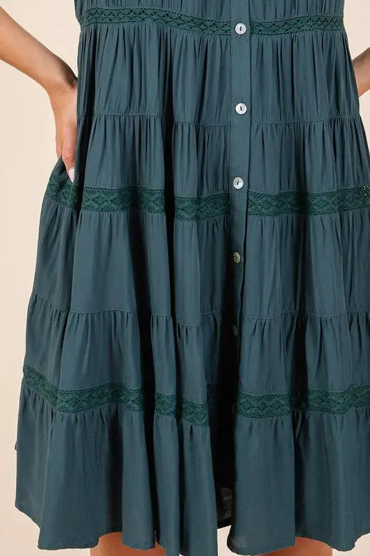 Deep Teal Lace Detail Tiered Dress - Mini Dresses