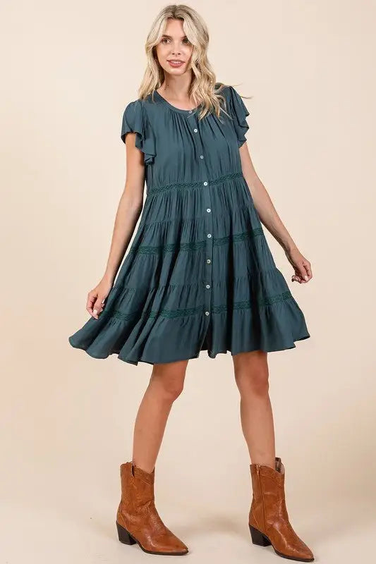 Deep Teal Lace Detail Tiered Dress - Mini Dresses