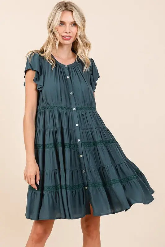 Deep Teal Lace Detail Tiered Dress - Mini Dresses