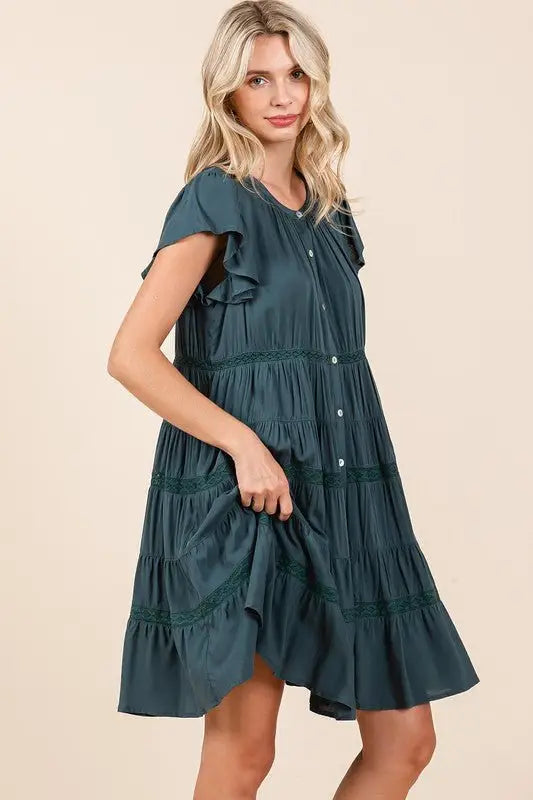 Deep Teal Lace Detail Tiered Dress - Mini Dresses
