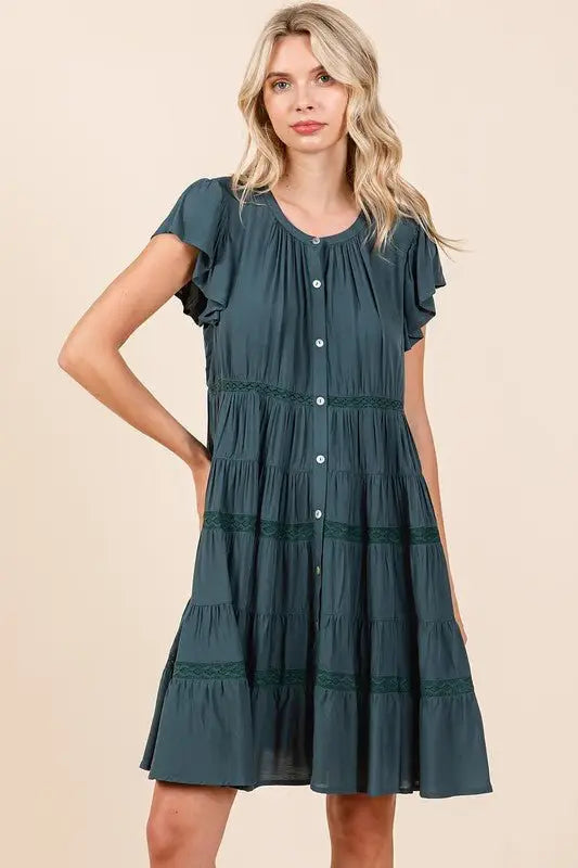 Deep Teal Lace Detail Tiered Dress - Mini Dresses