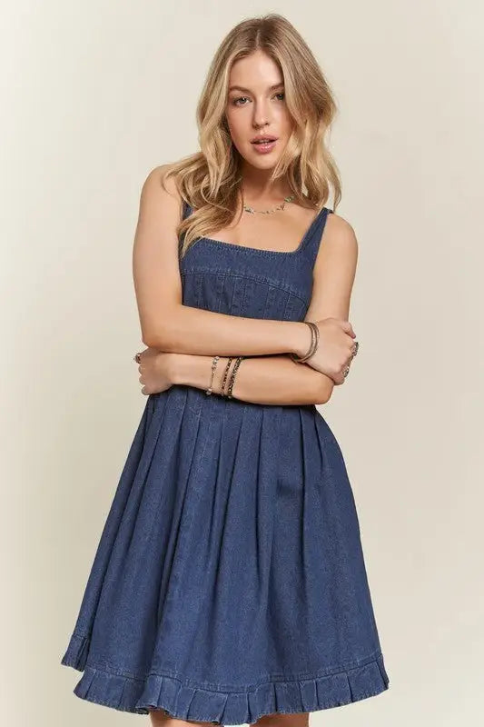 Denim Blue Smocked Back Denim Dress - Mini Dresses