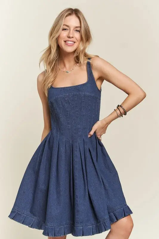 Denim Blue Smocked Back Denim Dress - Mini Dresses