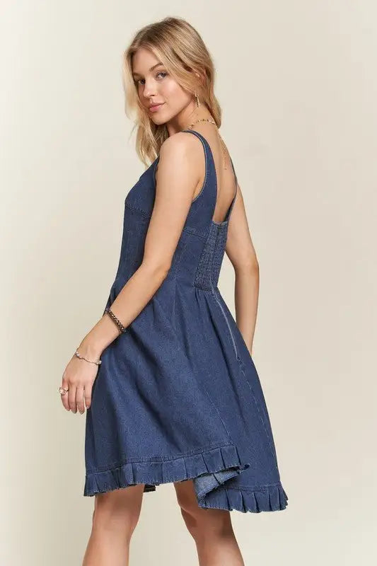 Denim Blue Smocked Back Denim Dress - Mini Dresses
