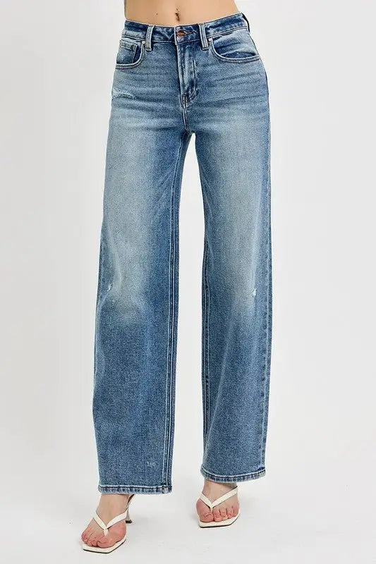 Distressed Medium Blue Wide Leg Jeans - Wide Leg Jeans