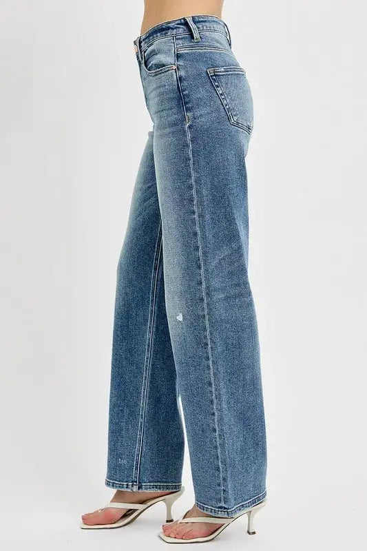 Distressed Medium Blue Wide Leg Jeans - Wide Leg Jeans