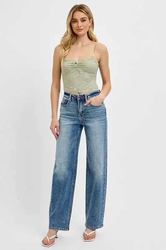 Distressed Medium Blue Wide Leg Jeans - Wide Leg Jeans