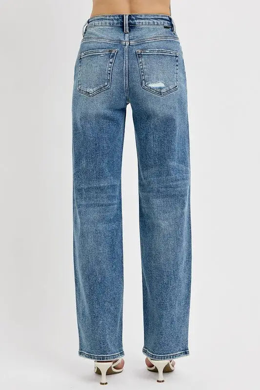Distressed Medium Blue Wide Leg Jeans - Wide Leg Jeans