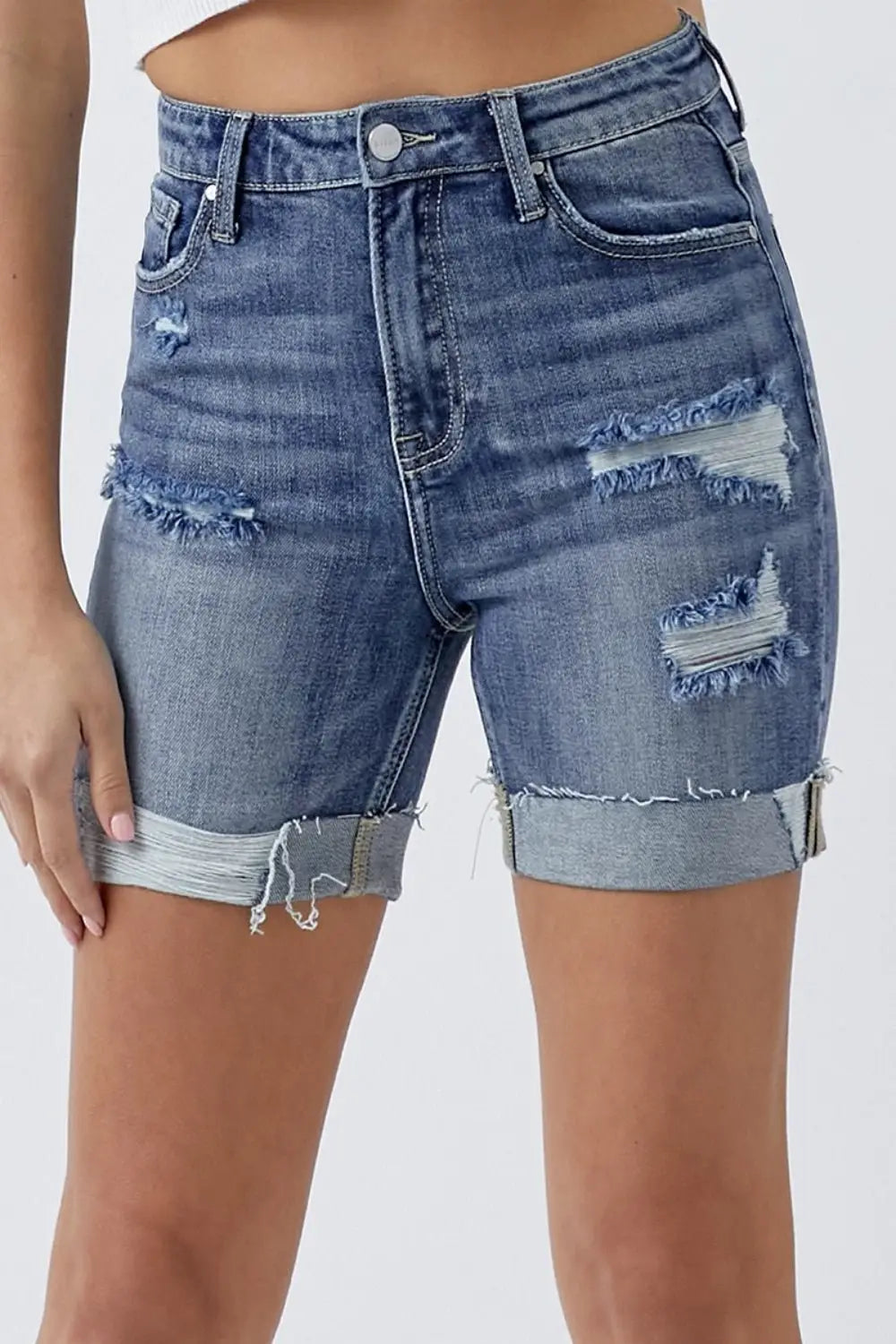 Distressed Rolled Denim Shorts - Denim Shorts