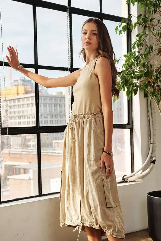 Drawstring Sleeveless Washed Dress - Eclectage