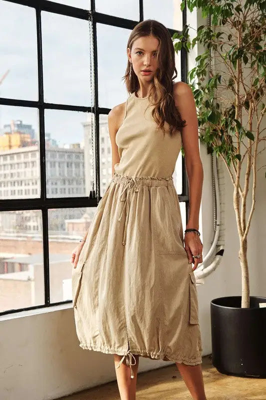 Drawstring Sleeveless Washed Dress - Eclectage