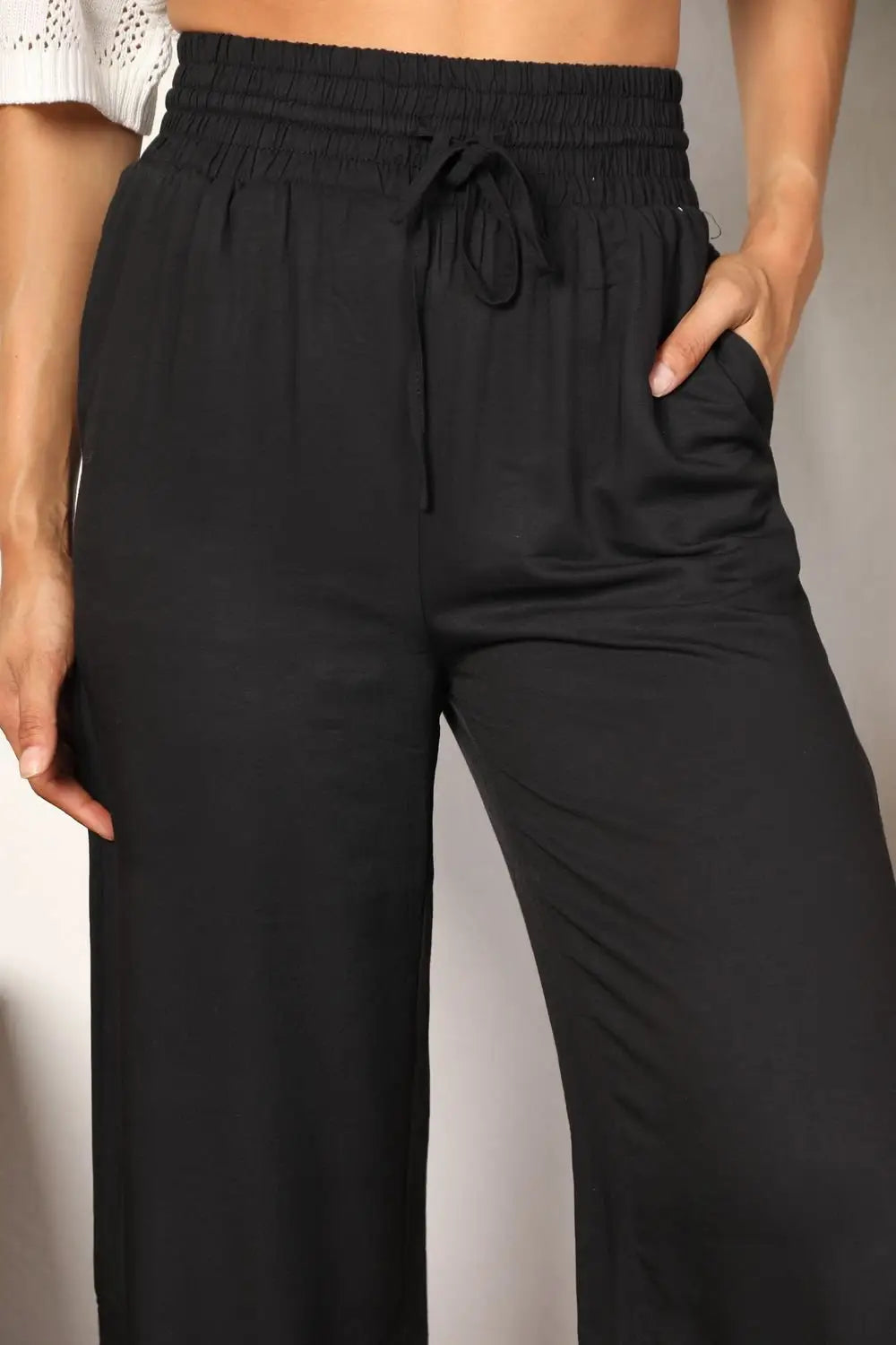 Drawstring Smocked Waist Wide Leg Pants - Pants