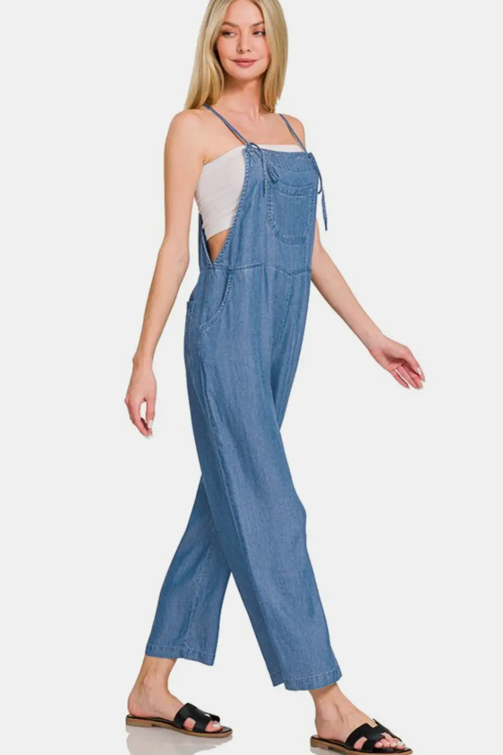 Dusty Blue Washed Wide Leg Denim Overalls - Eclectage