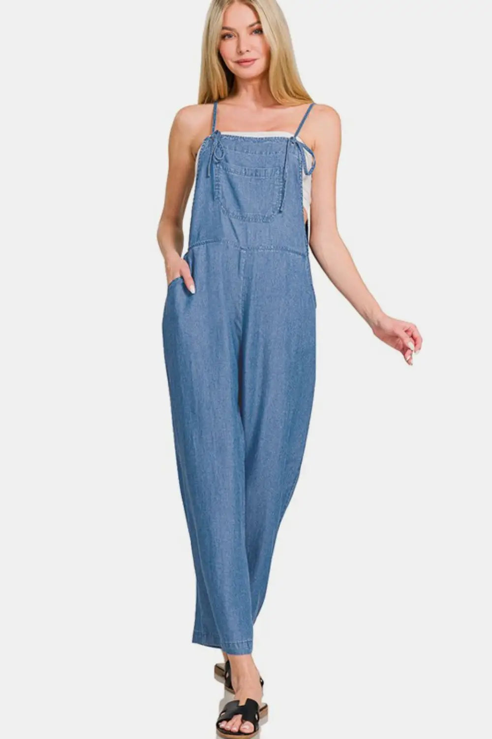 Dusty Blue Washed Wide Leg Denim Overalls - Eclectage