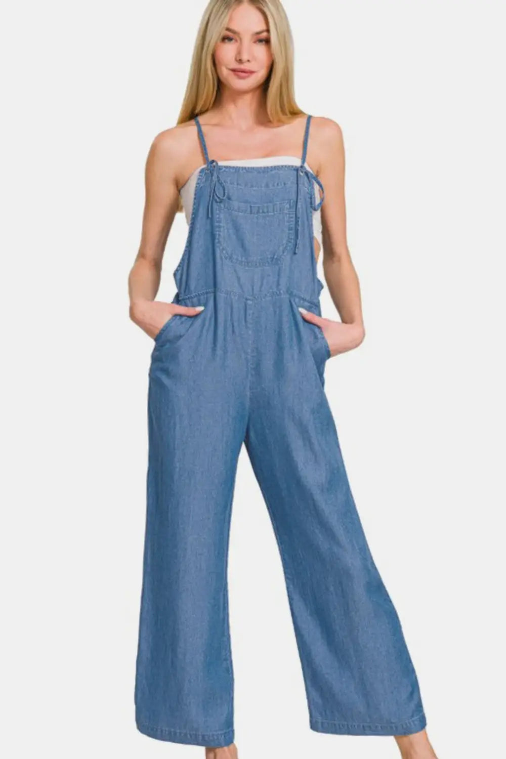 Dusty Blue Washed Wide Leg Denim Overalls - Eclectage