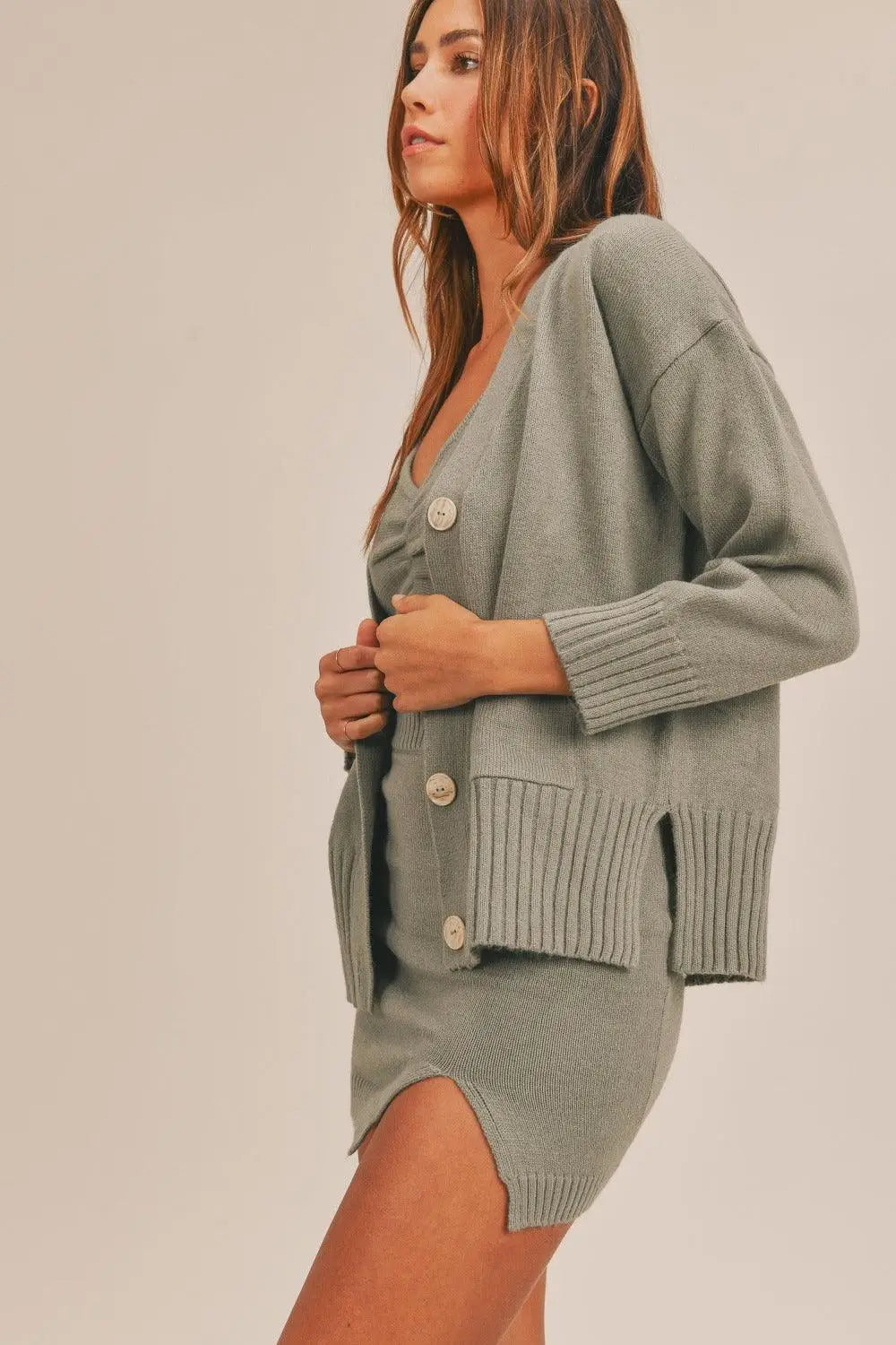 Dusty Olive 3 Pieces Sweater and Skirt Set - Eclectage