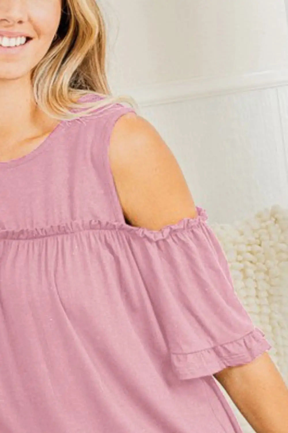 Dusty Pink Frill Cold Shoulder T-Shirt - Tops