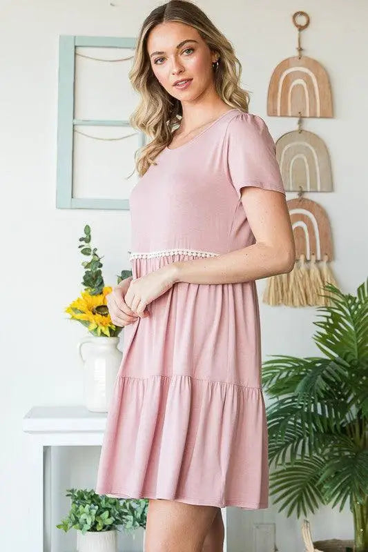 Dusty Rose Mini Tiered Dress with Pompoms