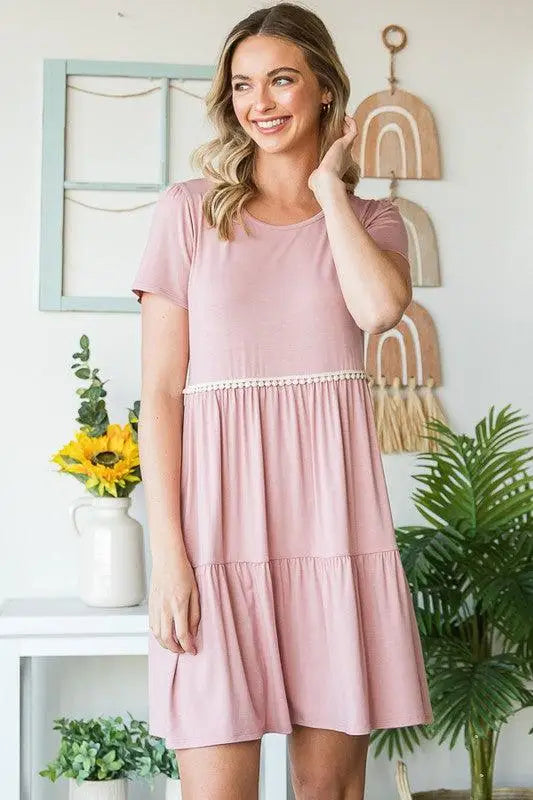 Dusty Rose Mini Tiered Dress with Pompoms