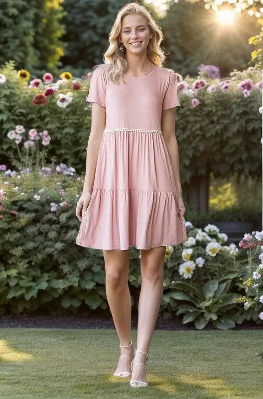 Dusty Rose Mini Tiered Dress with Pompoms