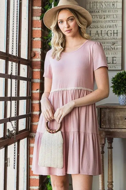 Dusty Rose Mini Tiered Dress with Pompoms