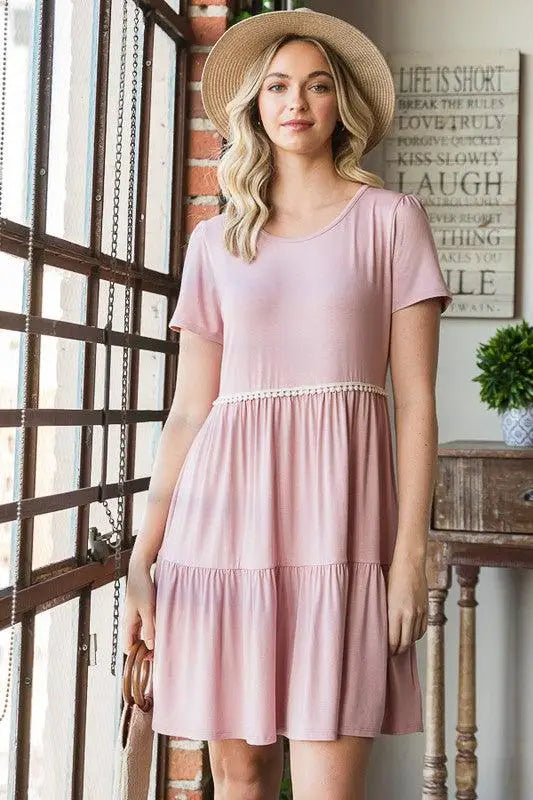 Dusty Rose Mini Tiered Dress with Pompoms