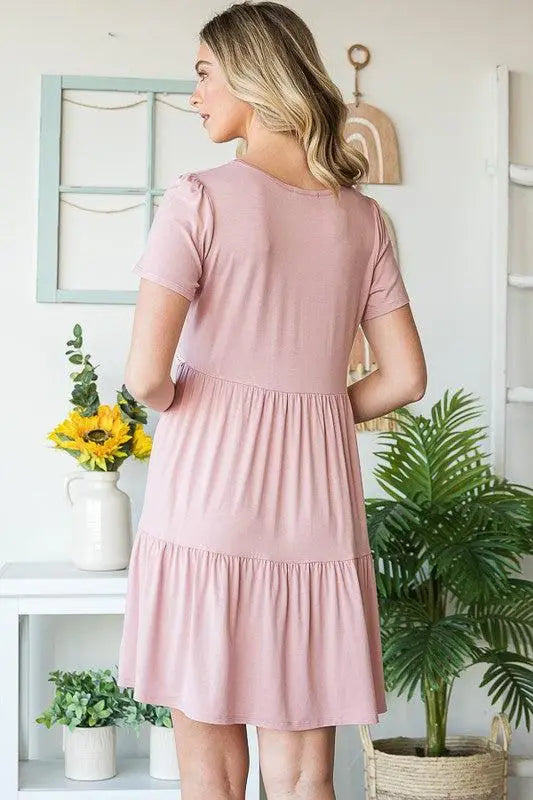 Dusty Rose Mini Tiered Dress with Pompoms