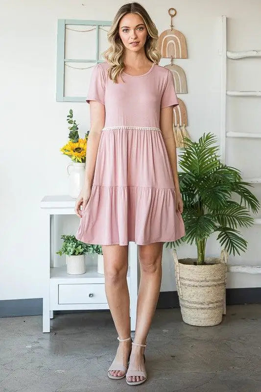 Dusty Rose Mini Tiered Dress with Pompoms
