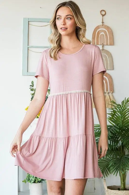 Dusty Rose Mini Tiered Dress with Pompoms