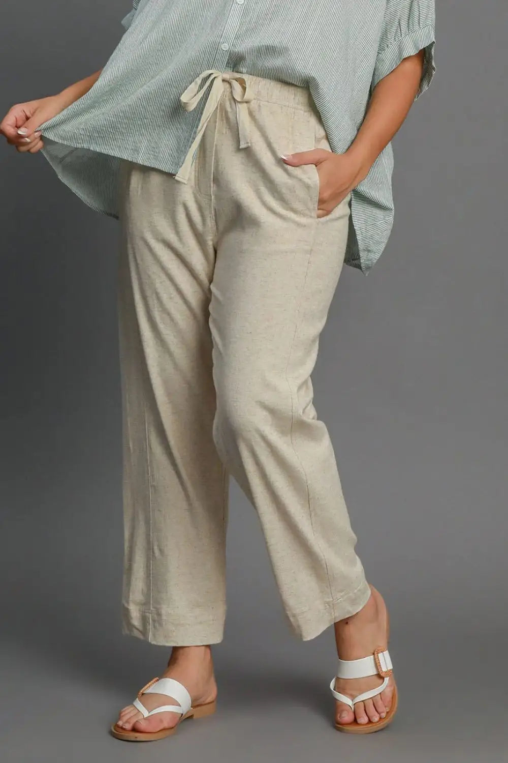 Umgee Full Size Drawstring Elastic Waistband Linen Blend Pants Plus Size - Eclectage