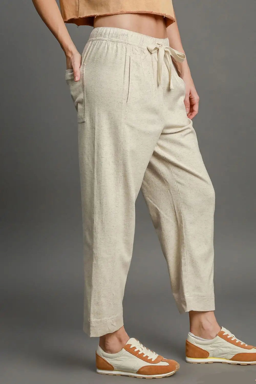 Umgee Full Size Drawstring Elastic Waistband Linen Blend Pants Plus Size - Eclectage