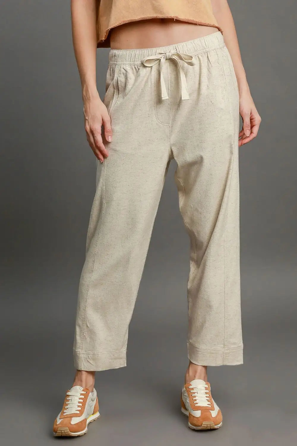 Umgee Full Size Drawstring Elastic Waistband Linen Blend Pants Plus Size - Eclectage