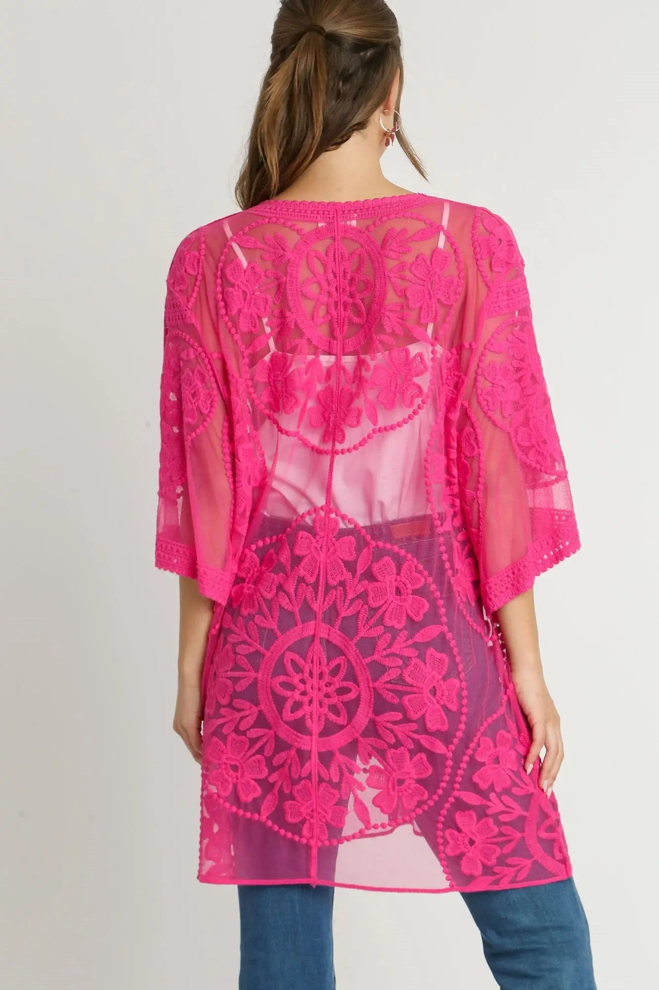 Umgee Full Size Floral Lace Open Front Kimono Sleevee Cover Up with Waist Tie Plus Size - Eclectage