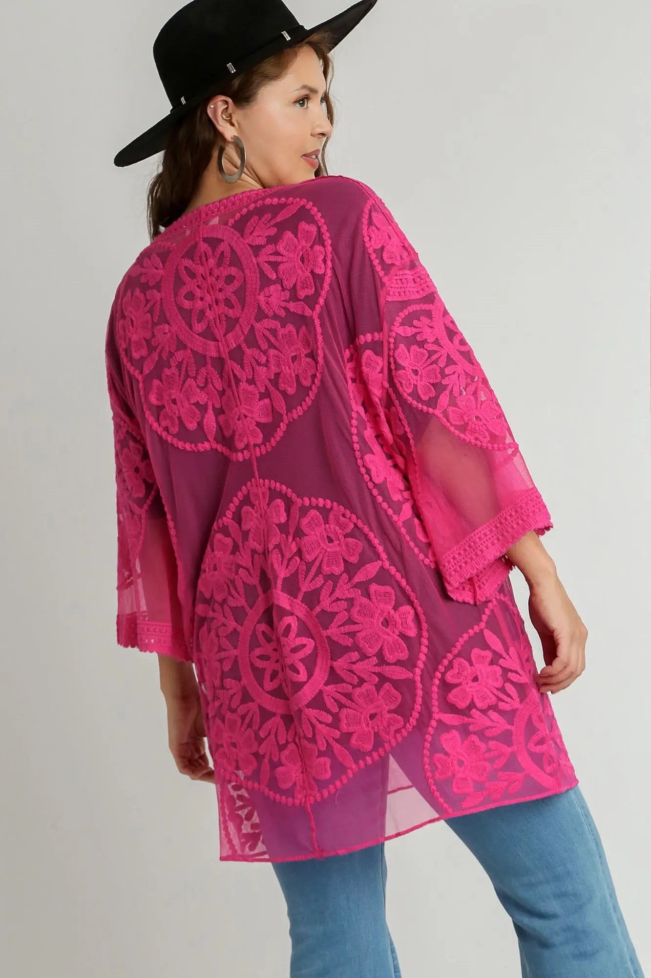 Umgee Full Size Floral Lace Open Front Kimono Sleevee Cover Up with Waist Tie Plus Size - Eclectage